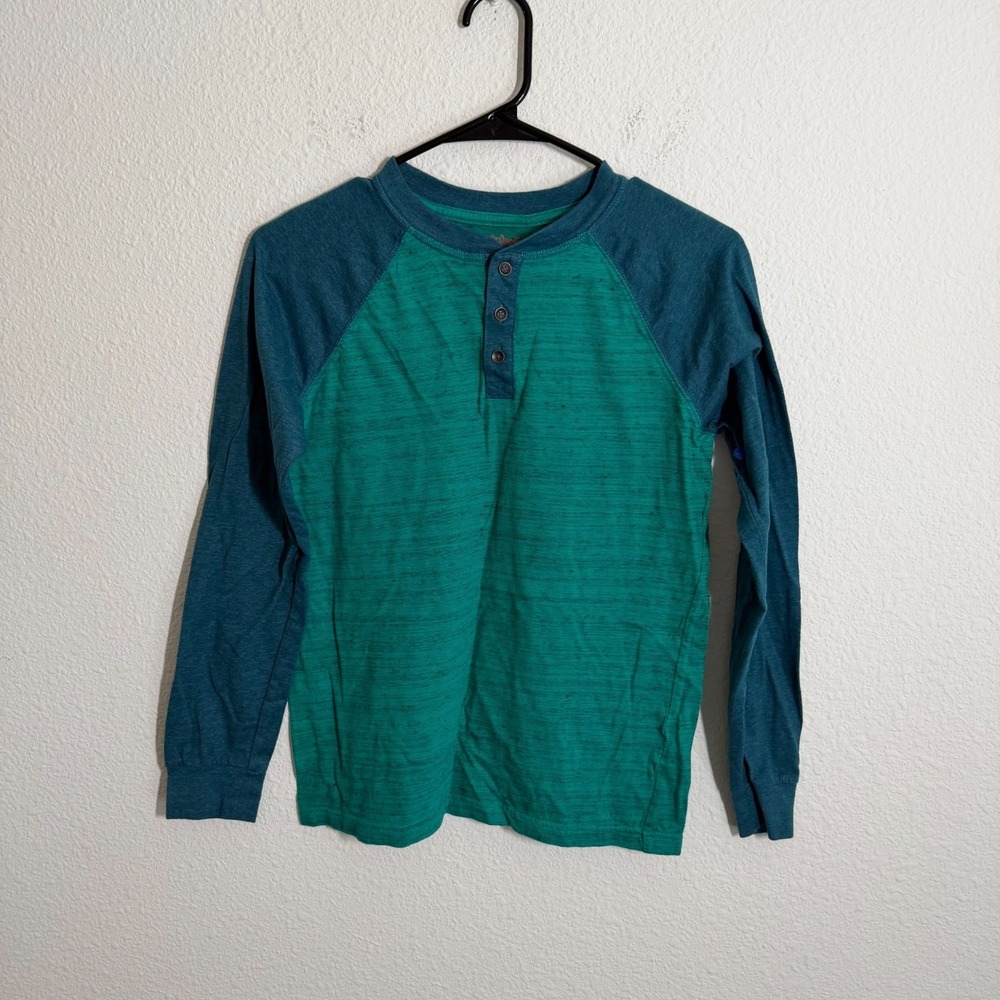 Cat &‎ Jack Shirt Boys L(12/14) Green Blue Raglan Sleeve Henley Neck Casual Wear